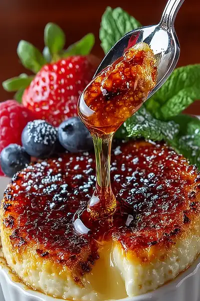 Golden-topped Japanese sweet potato creme brulee in white ramekin with caramelized sugar crust, spoon cracking through, creamy pale orange custard visible beneath