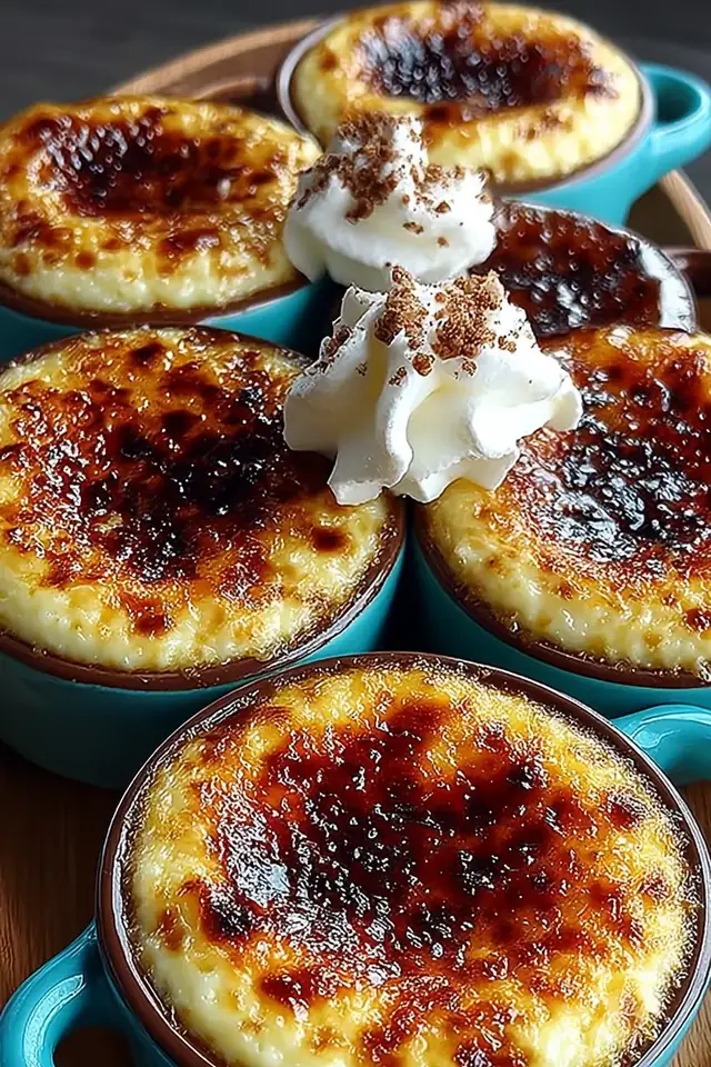 Overhead shot of six Japanese sweet potato creme brulee ramekins arranged on a wooden table, showing variation in caramel coloring and creamy texture inside