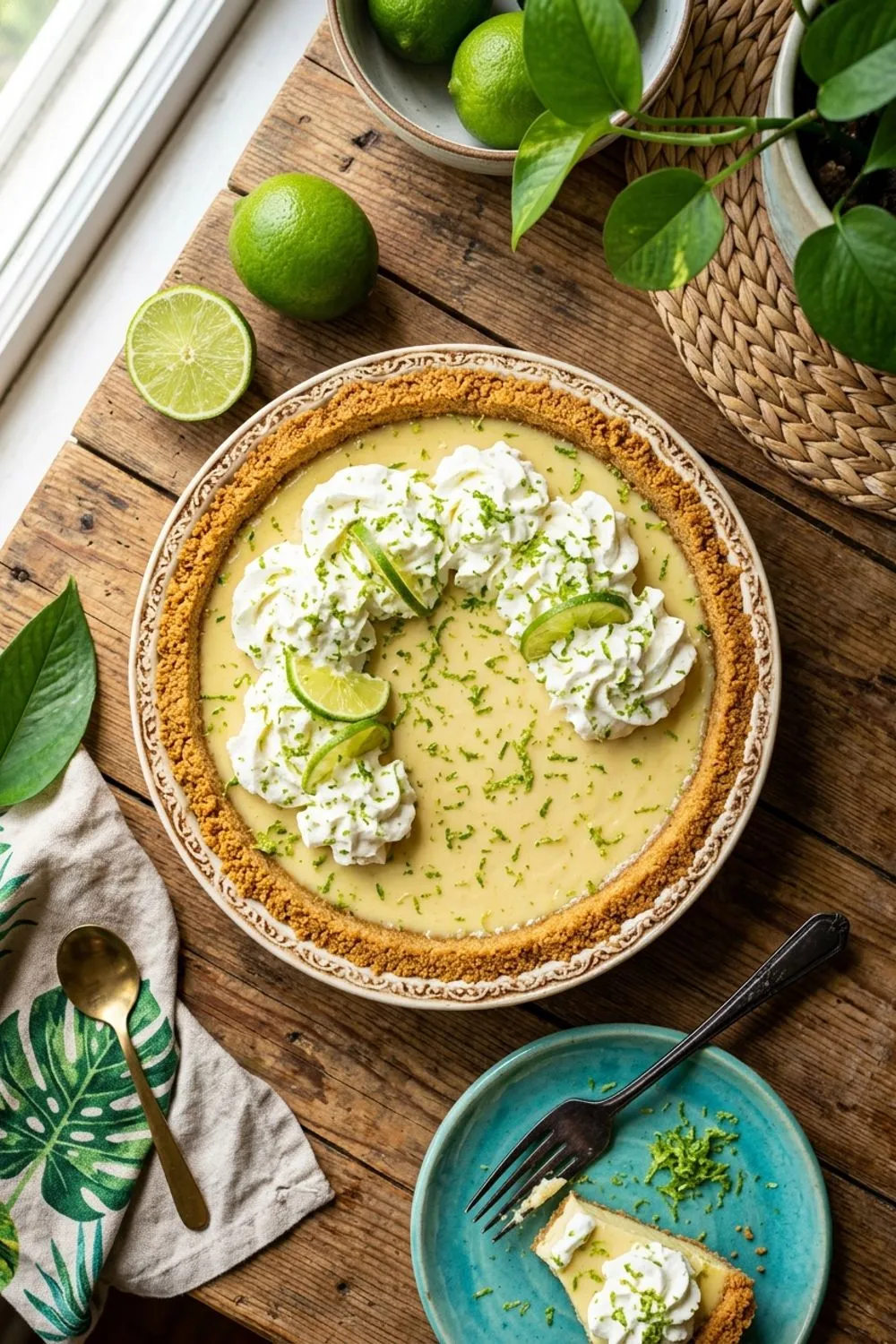 Key lime pie topped with swirls of whipped cream and lime slices on a white plate