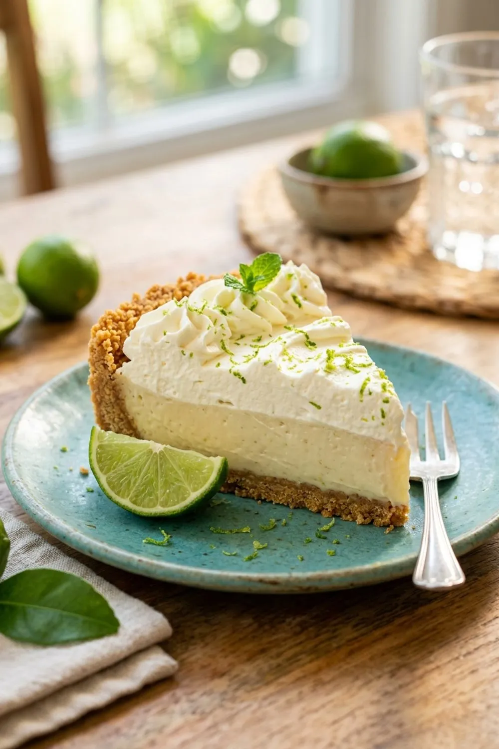 Key lime pie filling being poured into a golden graham cracker crust