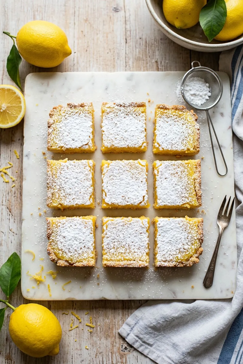 Lemon bars dusted with powdered sugar cut into squares on a marble board
