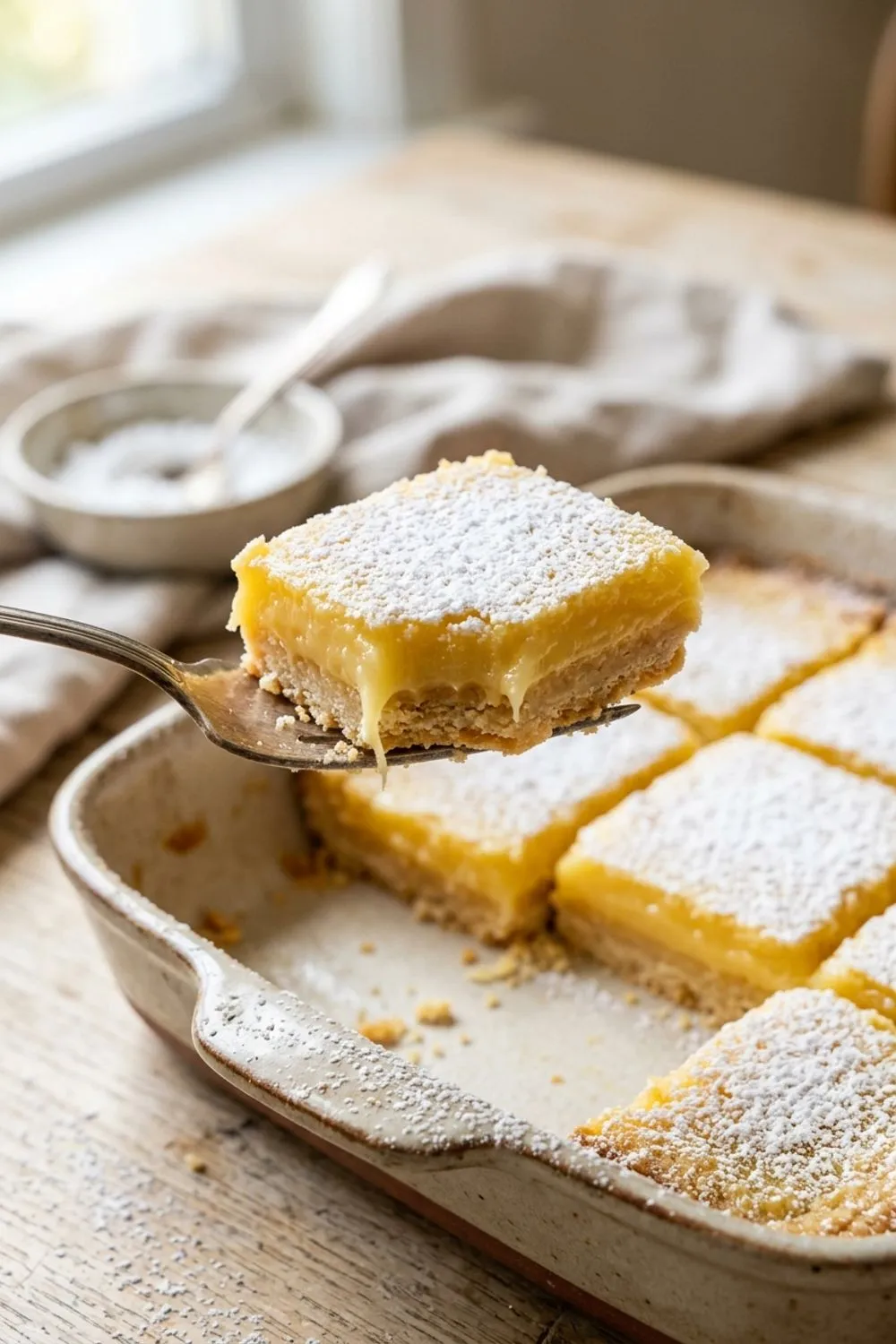 Lemon bar filling being poured over the golden baked shortbread crust
