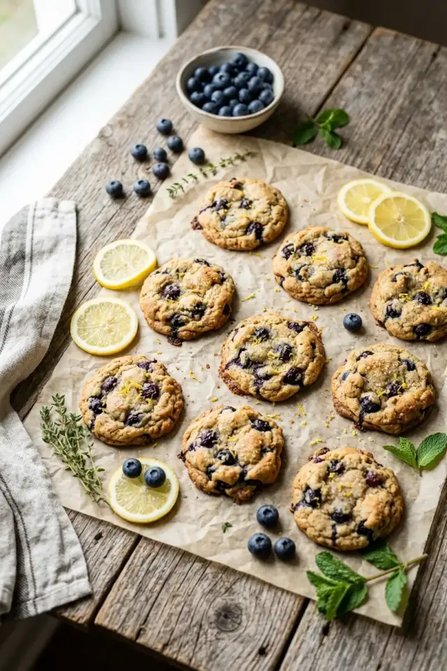 Golden lemon blueberry cookies with fresh blueberries and lemon zest on a white plate