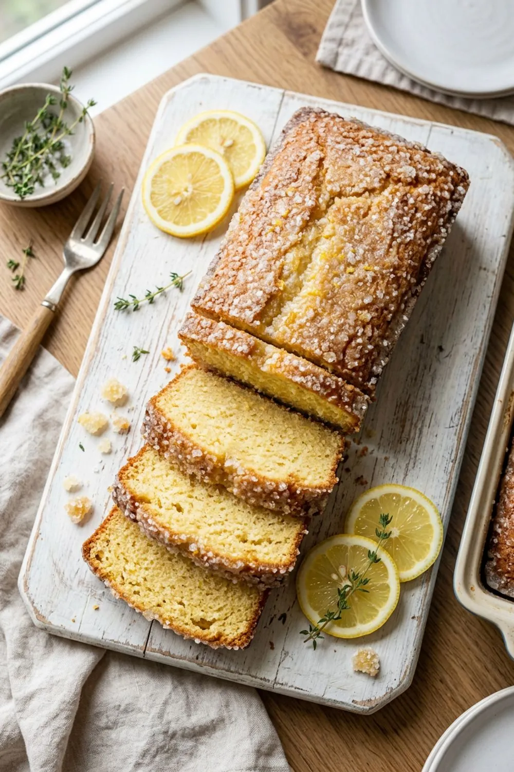 Lemon drizzle cake with crystallized sugar topping sliced on a cooling rack