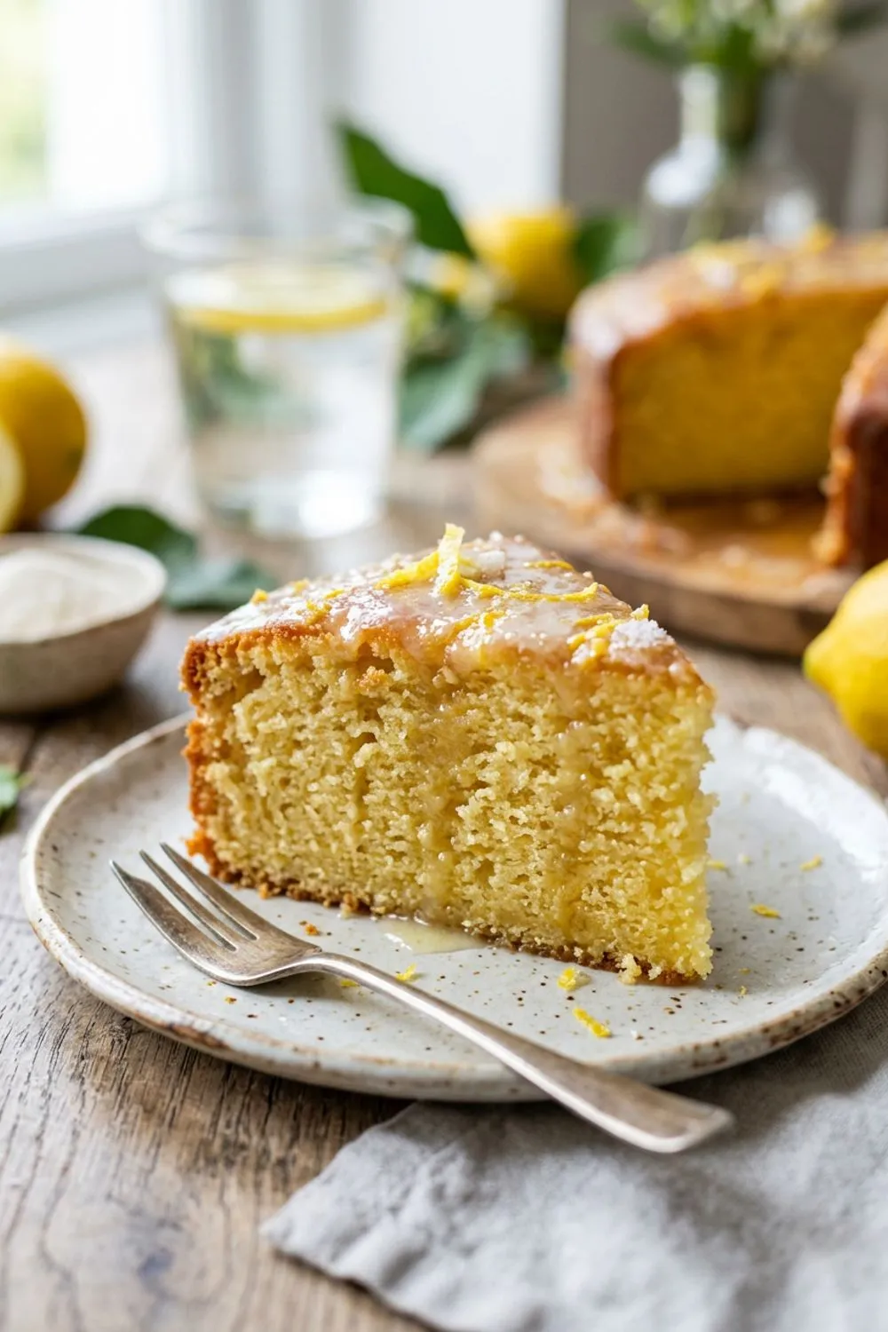 Lemon drizzle being spooned over the hot cake with holes poked in the top