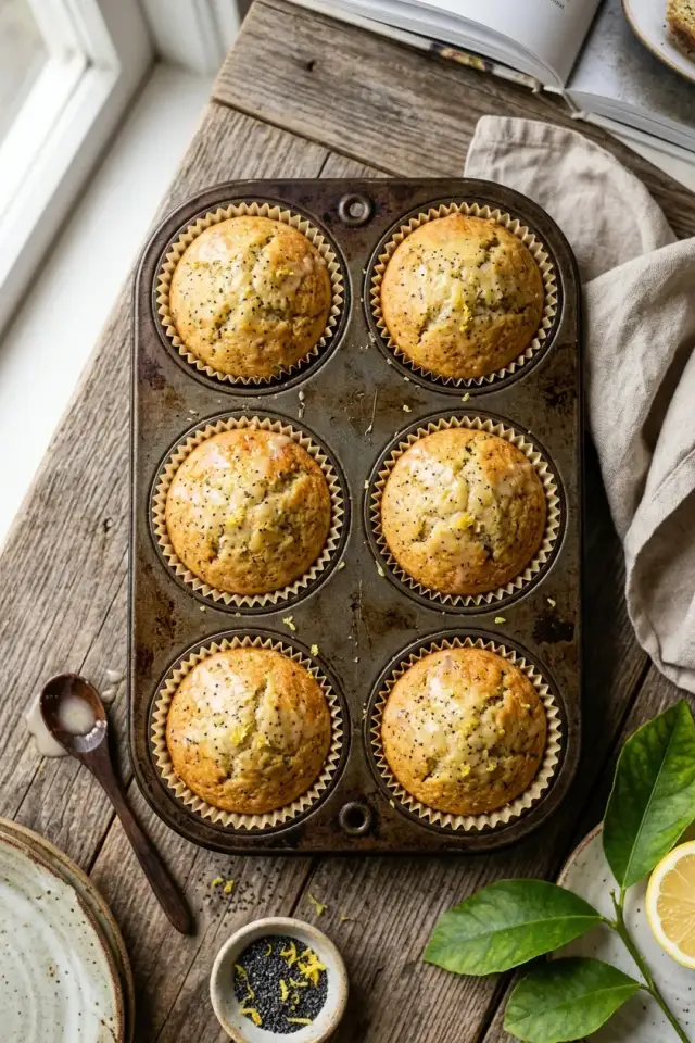 A dozen golden lemon poppy seed muffins in paper liners arranged on a white plate with fresh lemon slices and poppy seeds scattered nearby