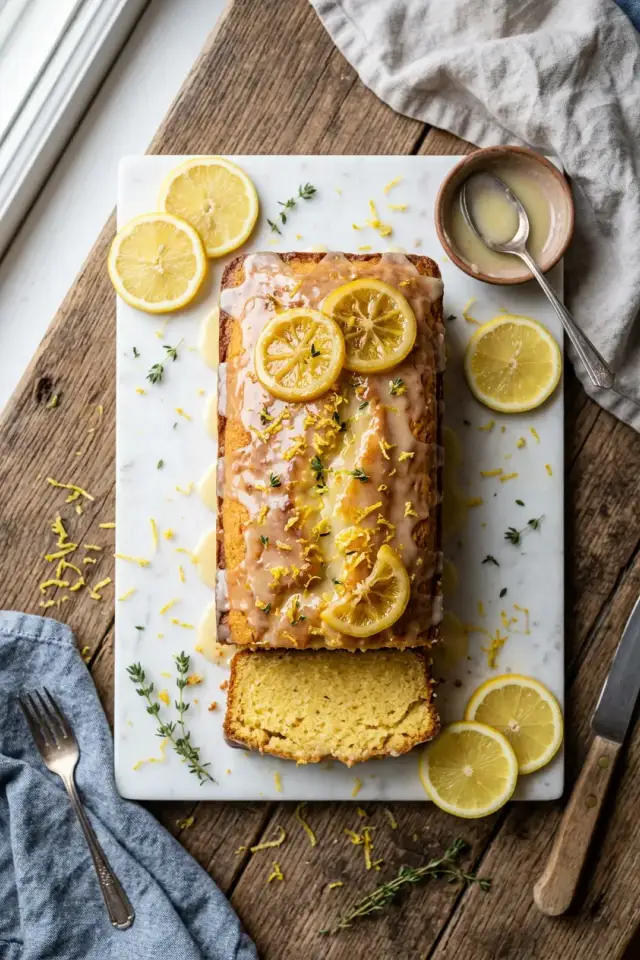 Sliced lemon pound cake loaf with white glaze drizzled on top, showing moist yellow interior