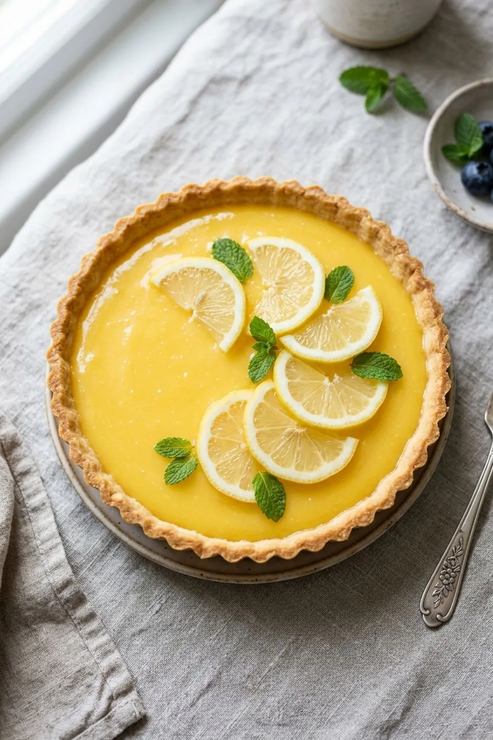 French lemon tart dusted with powdered sugar on a marble surface with fresh lemons