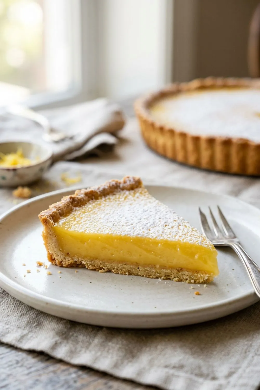 Lemon curd being strained through a fine mesh sieve into a glass bowl