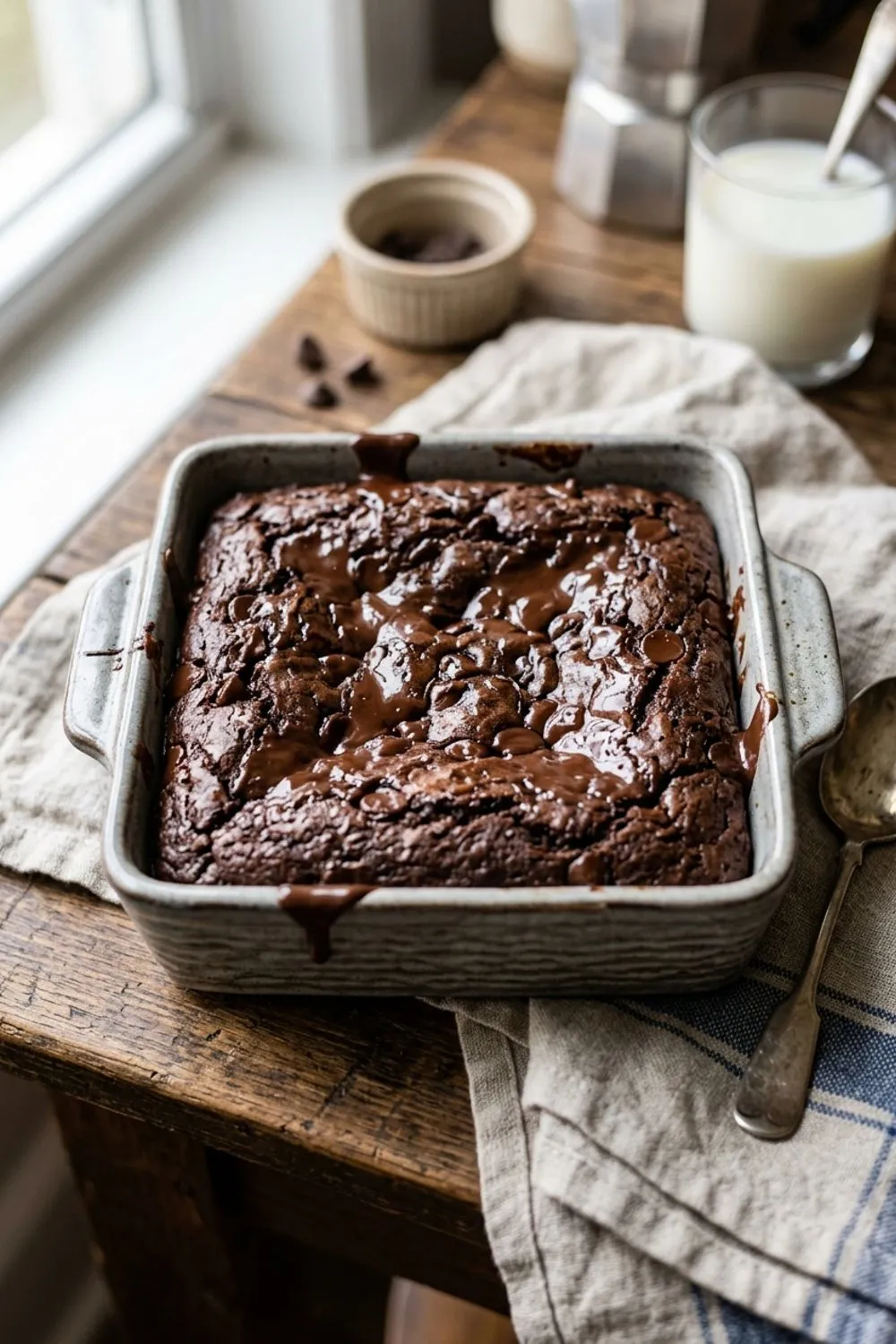 Fudgy microwave brownies cut into squares on parchment paper with melted chocolate chips visible