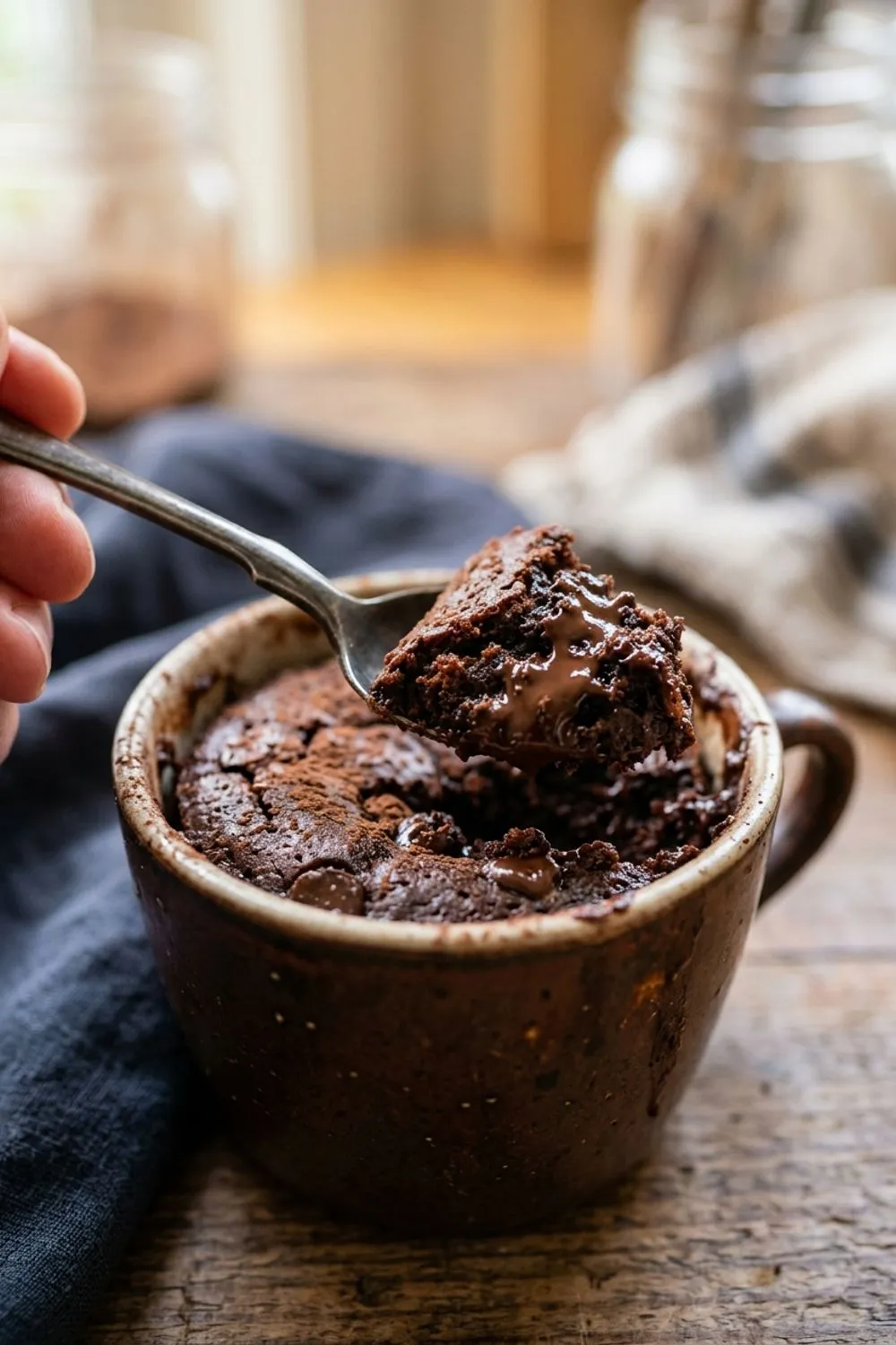 Microwave brownie batter spread in a small dish ready to go in the microwave