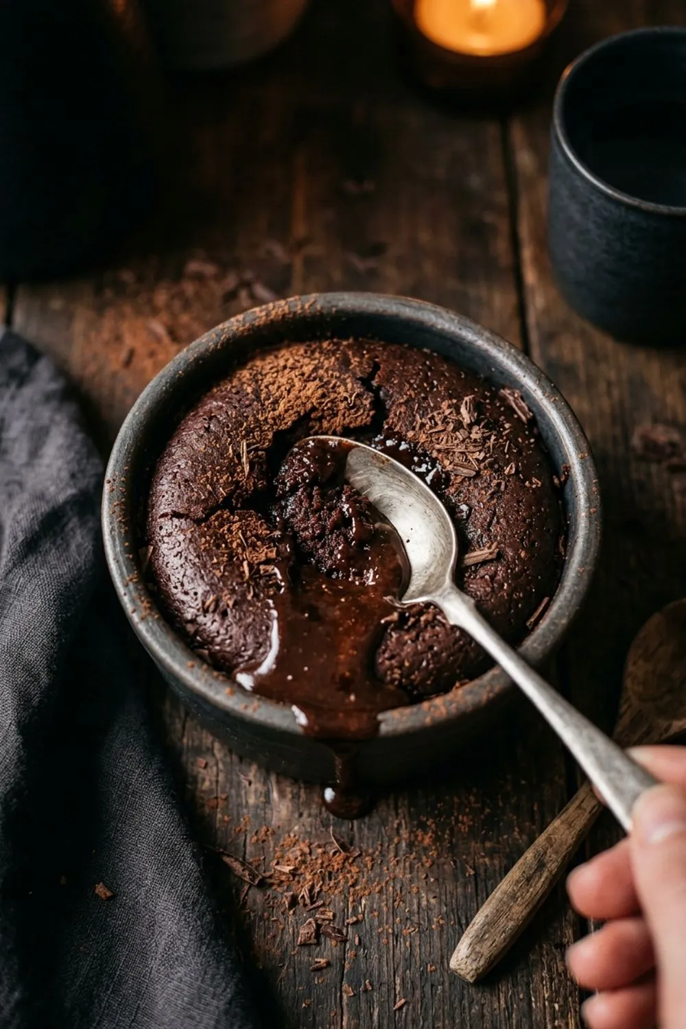 Molten chocolate pudding with a flowing chocolate center served in a white ramekin