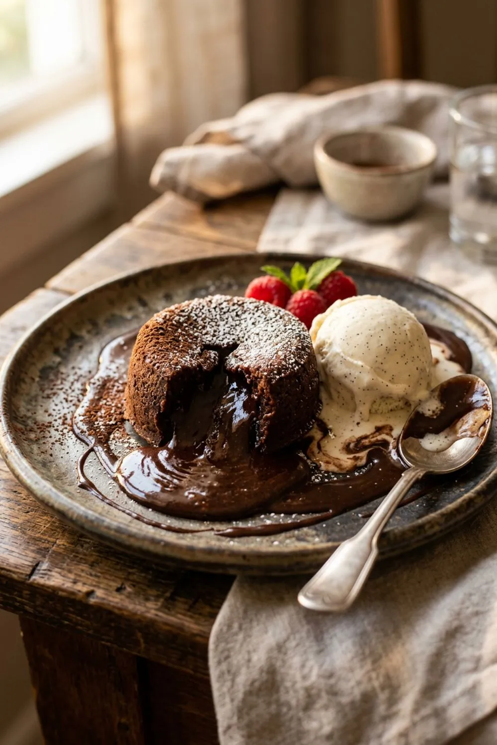 Ramekins filled with molten chocolate pudding batter on a baking sheet ready for the oven
