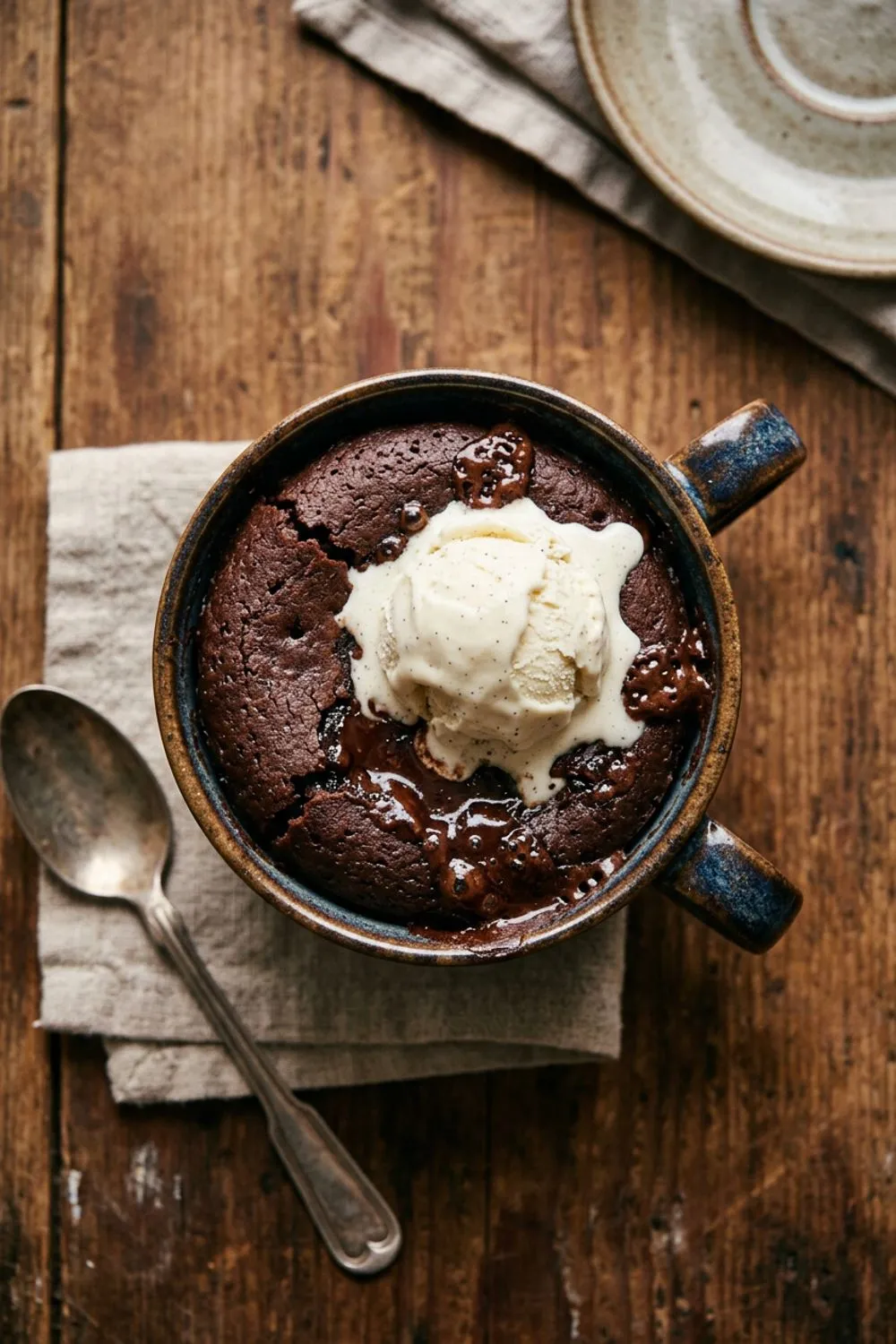 Chocolate mug cake in a white ceramic mug topped with chocolate chips and a spoon