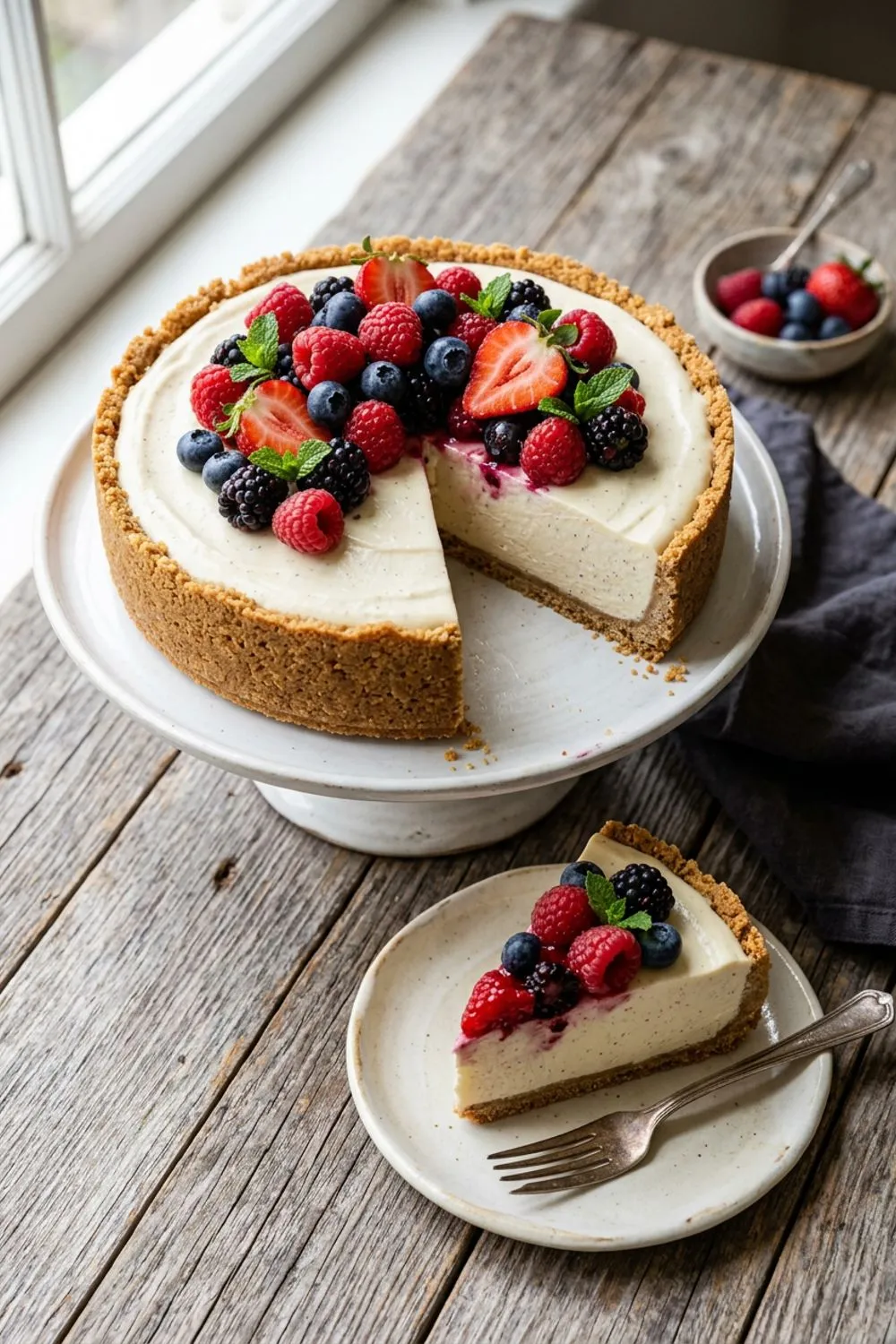 Whole no-bake cheesecake with a graham cracker crust on a white cake stand with a slice removed