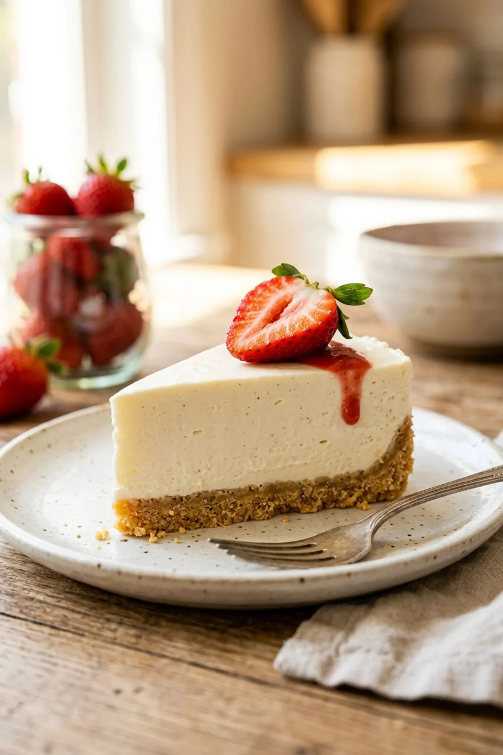 Slice of no-bake cheesecake on a white plate showing the layers of filling and graham cracker crust
