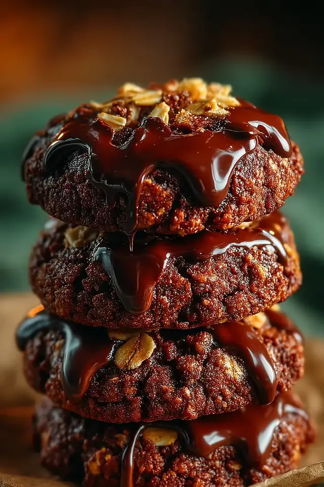 Pile of chewy chocolate oat no bake cookies with glossy fudgy surface, scattered on white parchment paper with natural overhead lighting