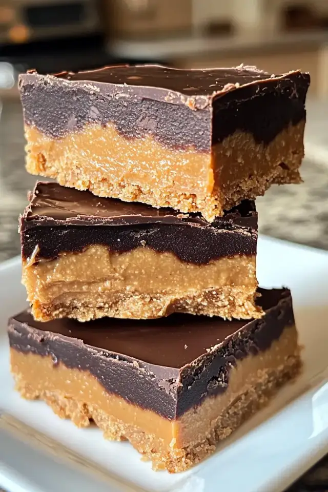 Close-up of stacked no-bake chocolate peanut butter bars showing the creamy peanut butter layer and glossy dark chocolate topping with natural lighting