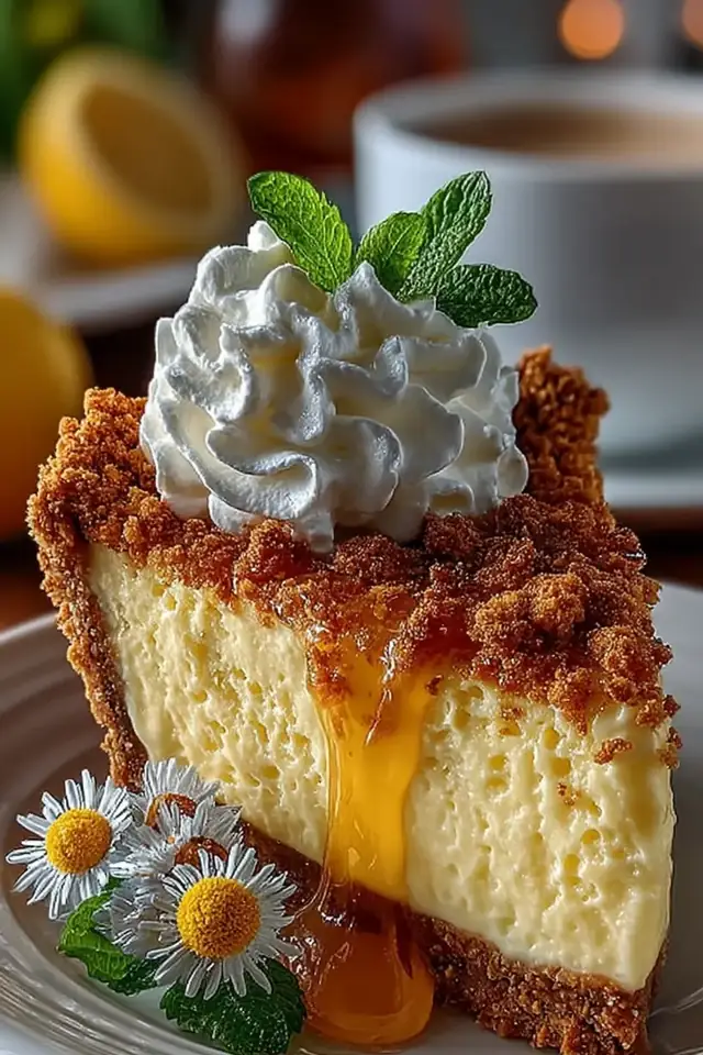 Slice of creamy lemon icebox pie with graham cracker crust and whipped cream topping, close-up side view showing layers