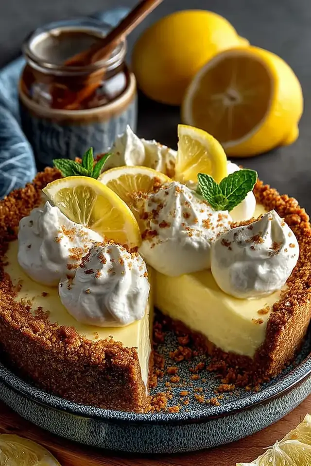 Overhead view of whole no-bake lemon icebox pie in pie dish with fresh lemon slices and a slice removed