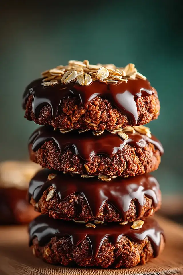 Close-up of stacked no-bake chocolate oat cookies with glossy chocolate coating and visible oats, on parchment paper