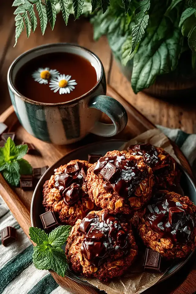 Overhead view of no-bake chocolate oat cookies arranged on a ceramic plate with a glass of milk nearby