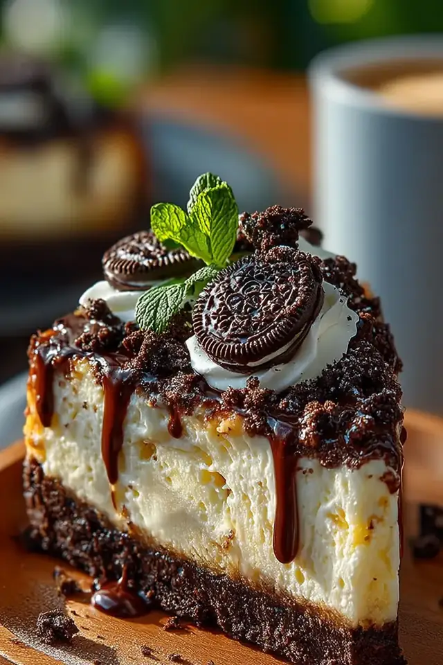 Overhead view of a creamy no-bake Oreo cheesecake with crushed Oreo crumb crust, topped with whole cookies and whipped cream dollops