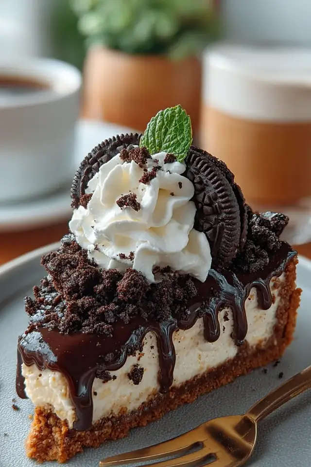 Close-up slice of no-bake Oreo cheesecake showing layers of dark cookie crust, creamy white filling, and Oreo chunks, served on a white plate