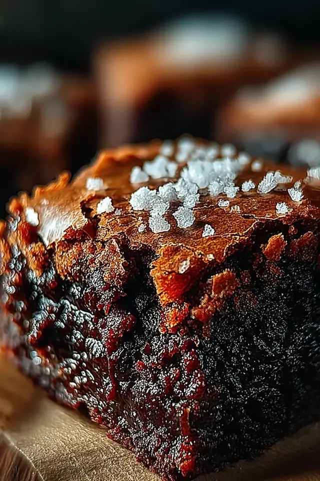 Close-up of a fudgy no-mixer chocolate brownie broken in half showing rich dark interior and glossy surface