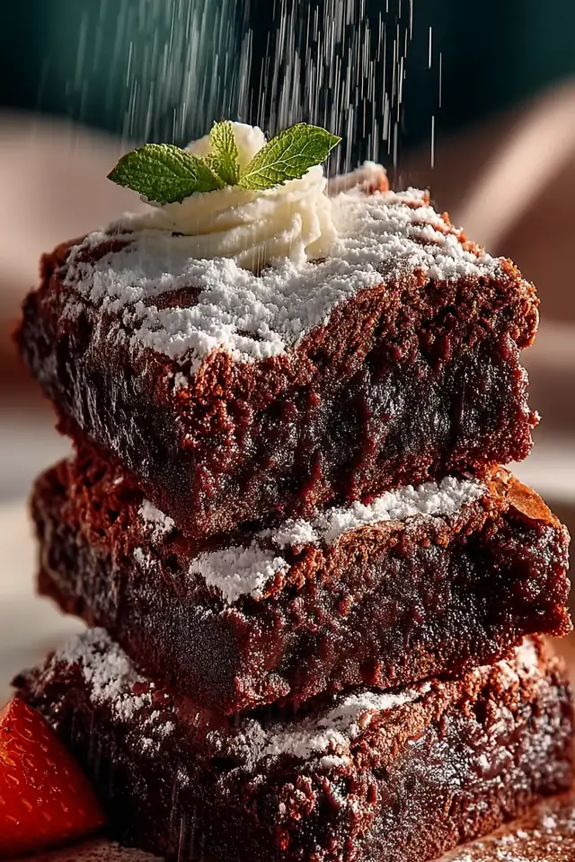 Overhead shot of four no-mixer chocolate brownies stacked on a ceramic plate with cocoa powder dusting