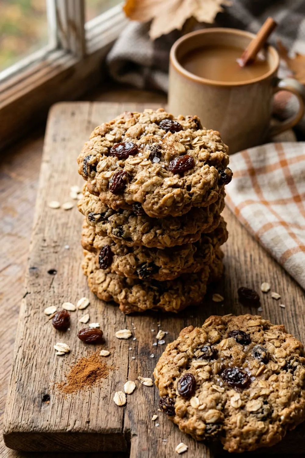 Chewy oatmeal raisin cookies stacked on a rustic wooden board