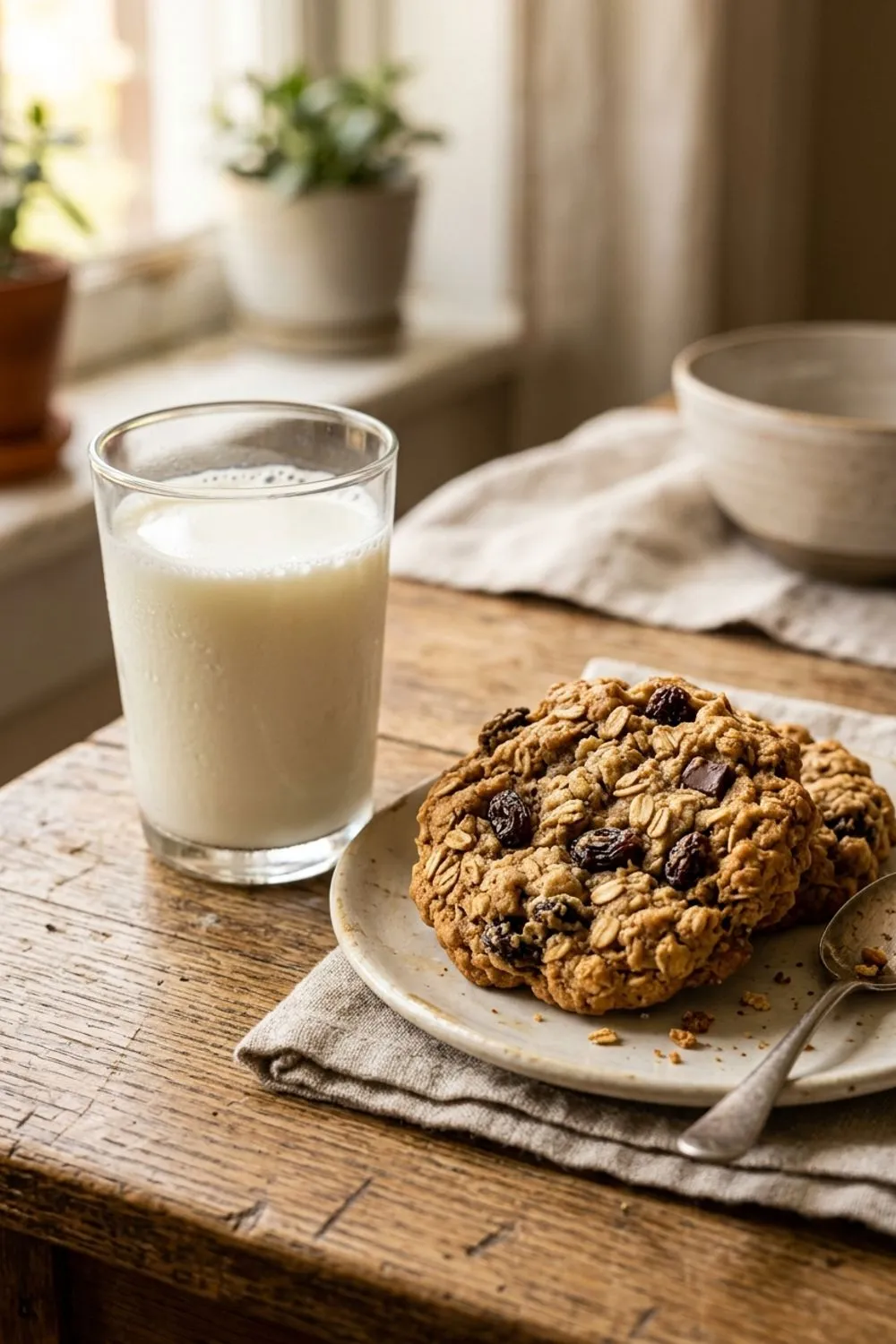Close-up of oatmeal raisin cookies showing the chewy oat texture