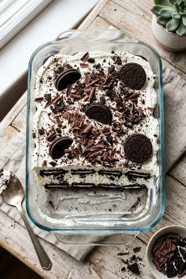 Sliced Oreo icebox cake on a white plate showing distinct layers of chocolate cookies and white cream