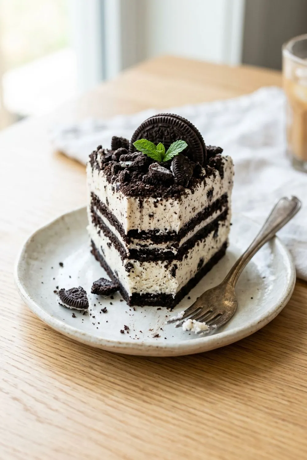 Oreo icebox cake being assembled with layers of cookies and whipped cream visible