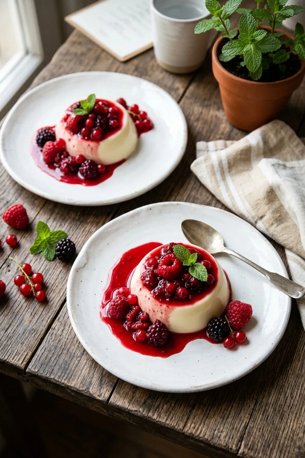 Vanilla panna cotta on a white plate topped with vibrant mixed berry compote