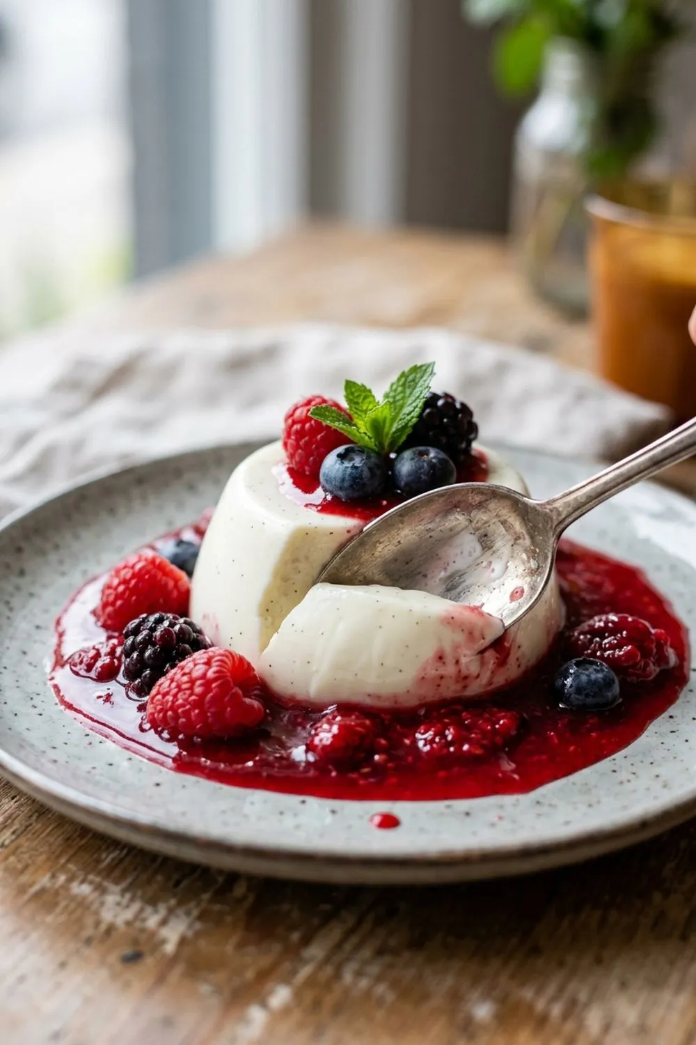 Panna cotta being unmolded from a ramekin showing the perfect wobble and creamy texture