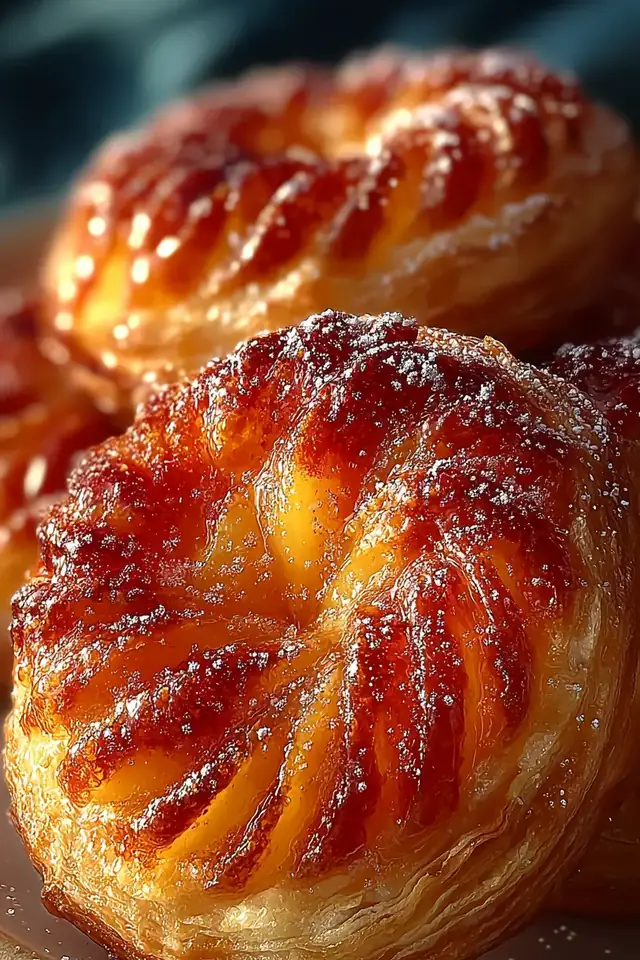Golden, flaky peach danish with caramelized edges and fresh peach slices visible in the center, dusted with coarse sugar