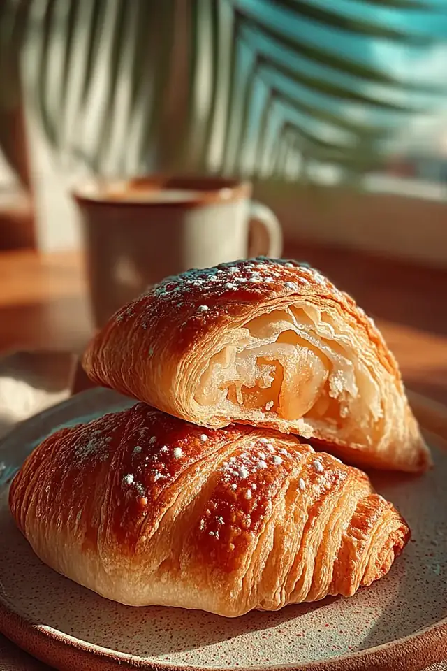 Overhead view of three peach danishes on a white plate, showing the puffed pastry borders and glossy jam glaze
