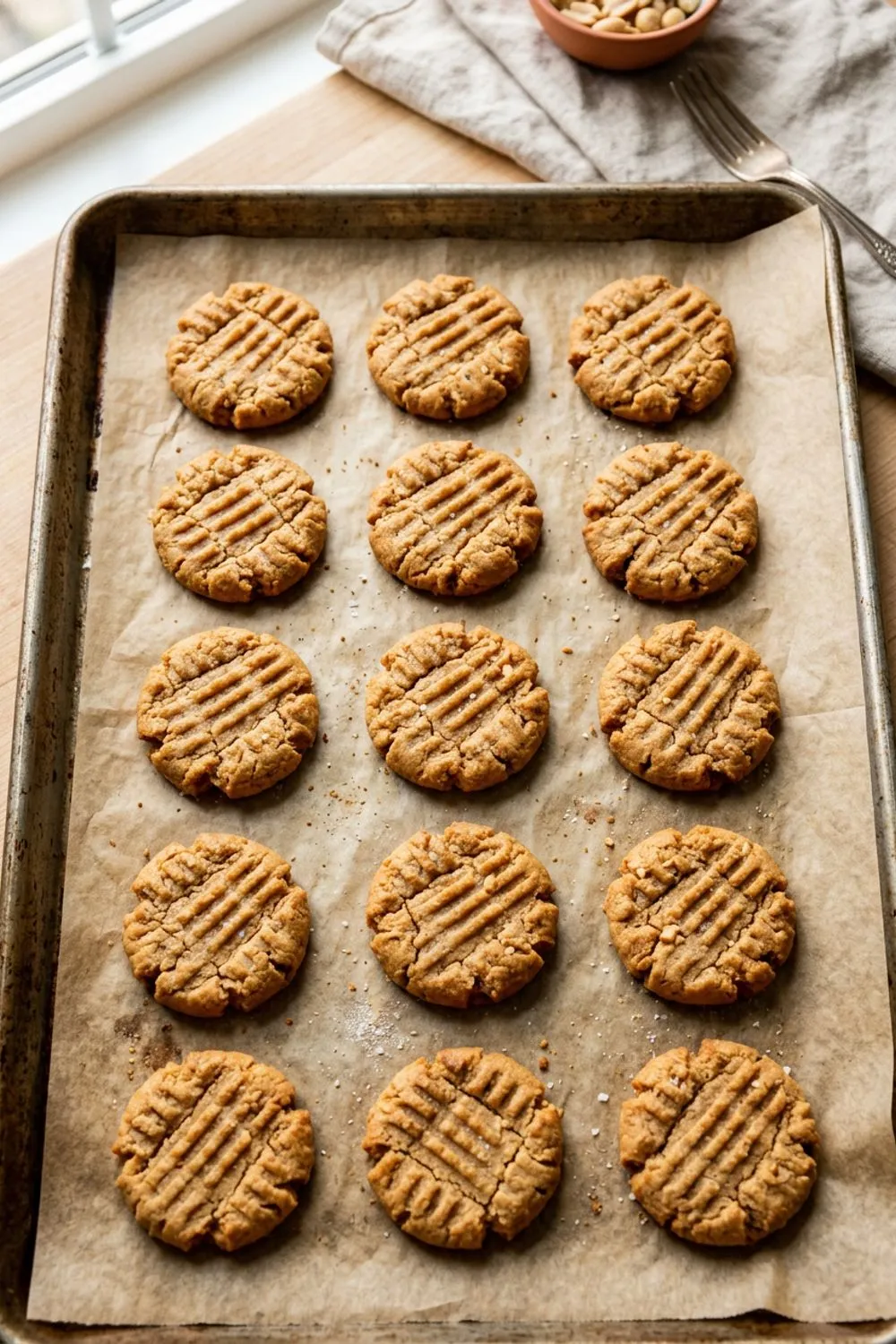 Soft peanut butter cookies with classic fork crosshatch marks on a baking sheet