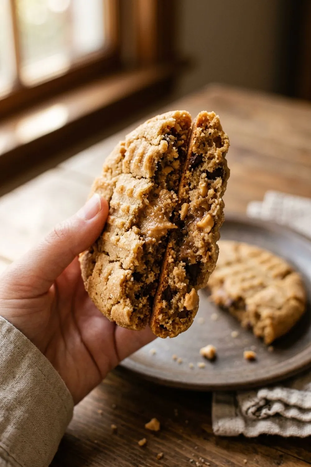 Close-up of peanut butter cookie texture showing the tender crumb