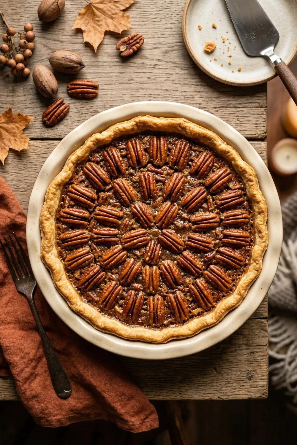 Southern pecan pie with perfectly arranged toasted pecans on a dark wooden table