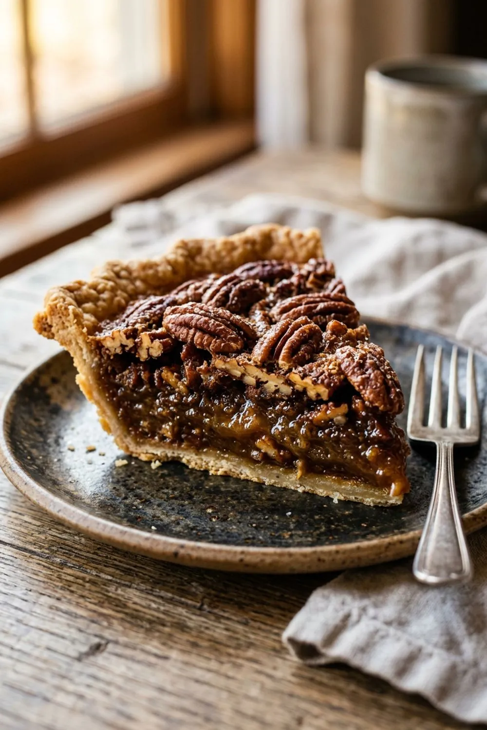 Pecan pie filling being poured over toasted pecans in a par-baked crust
