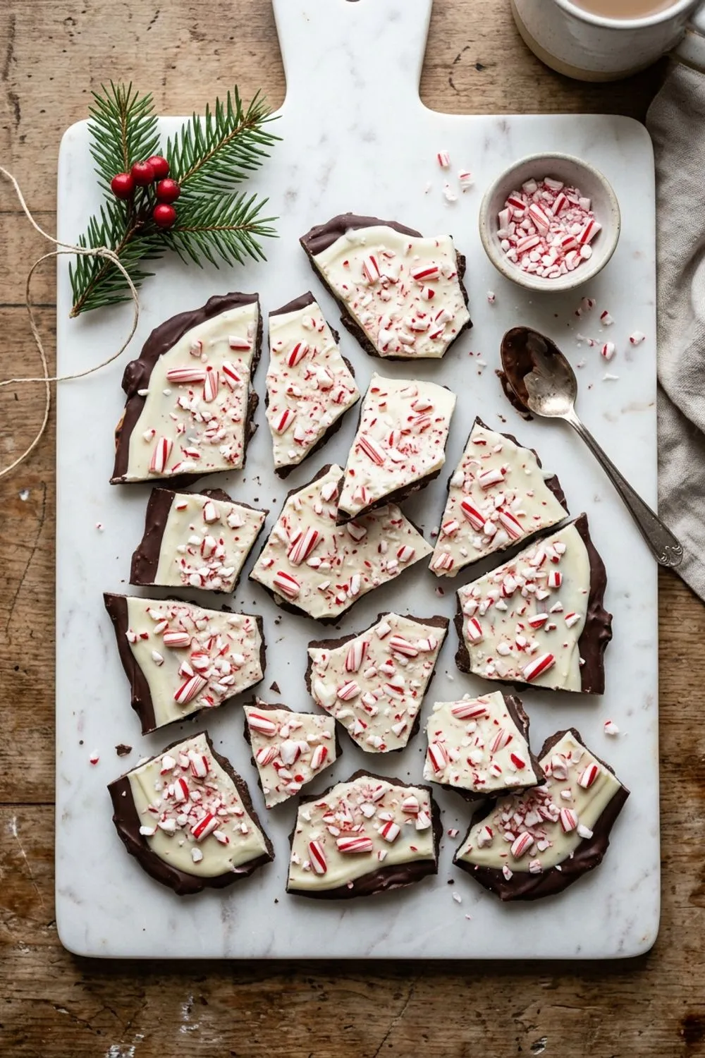 Pieces of peppermint bark with dark and white chocolate layers topped with crushed candy canes
