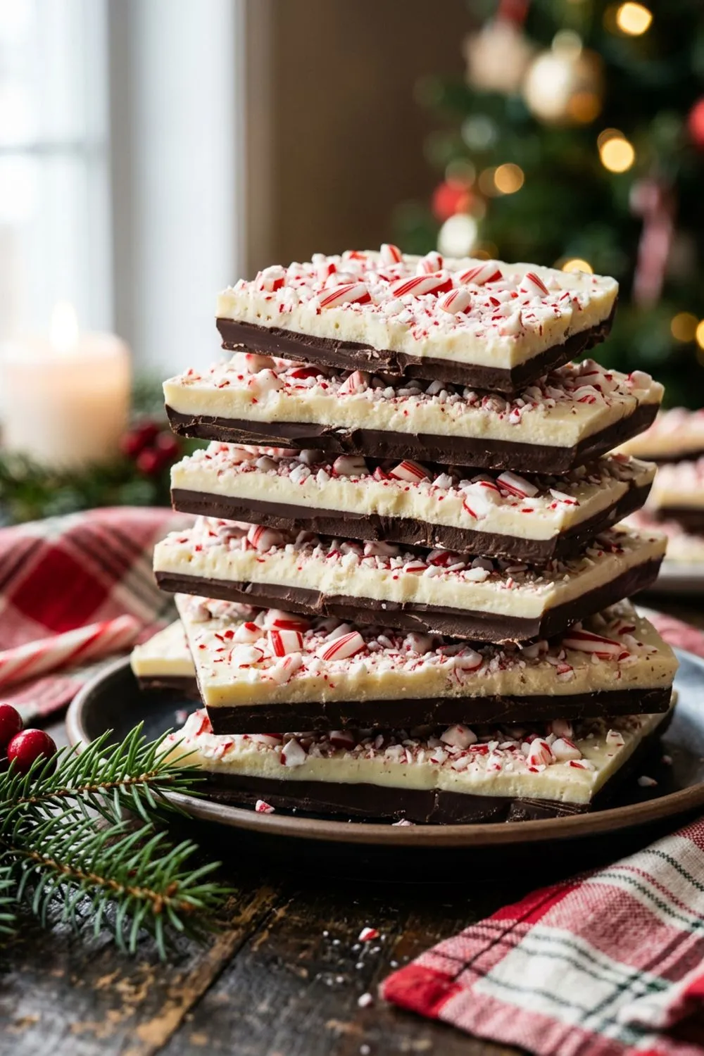 Melted dark chocolate being spread on a parchment-lined baking sheet for peppermint bark