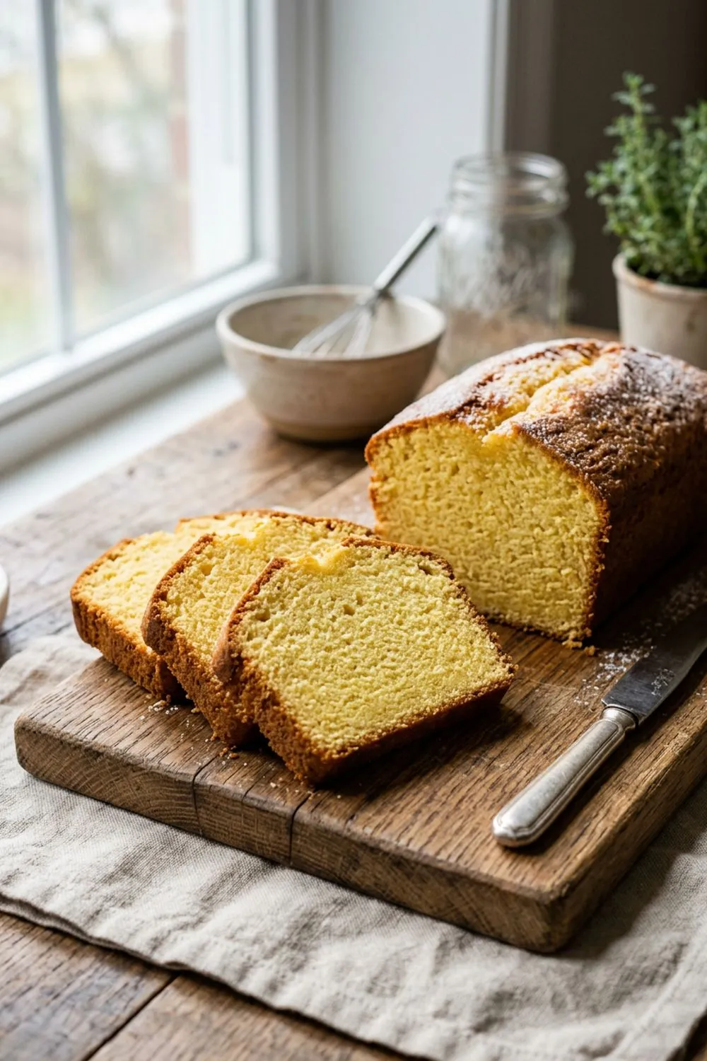 Classic pound cake sliced on a white platter with a golden brown crust