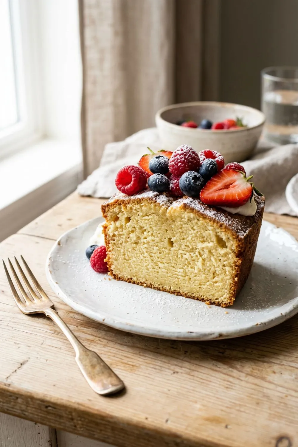 Pound cake batter being poured into a buttered bundt pan