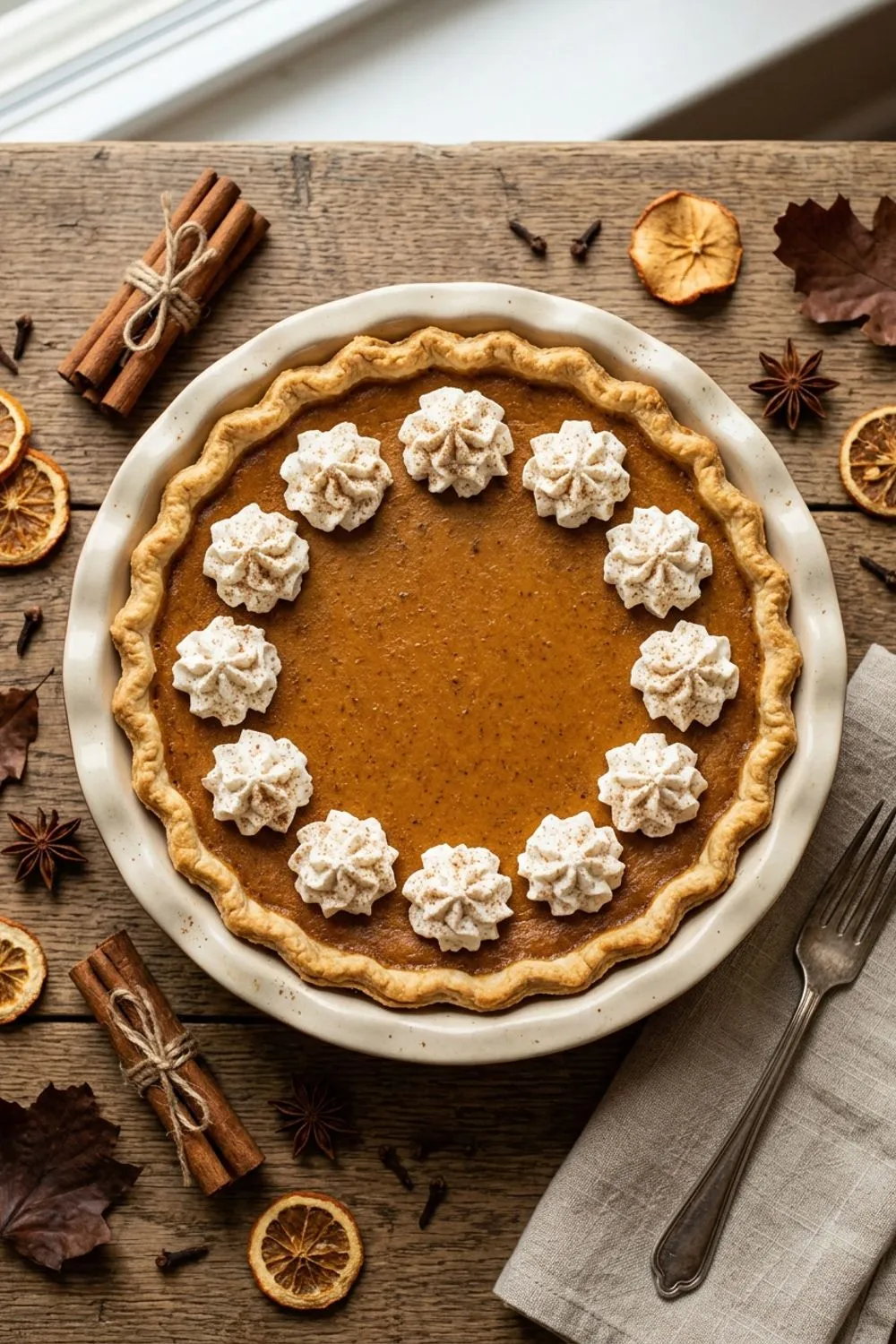 Classic pumpkin pie with a dollop of whipped cream on a fall-themed table
