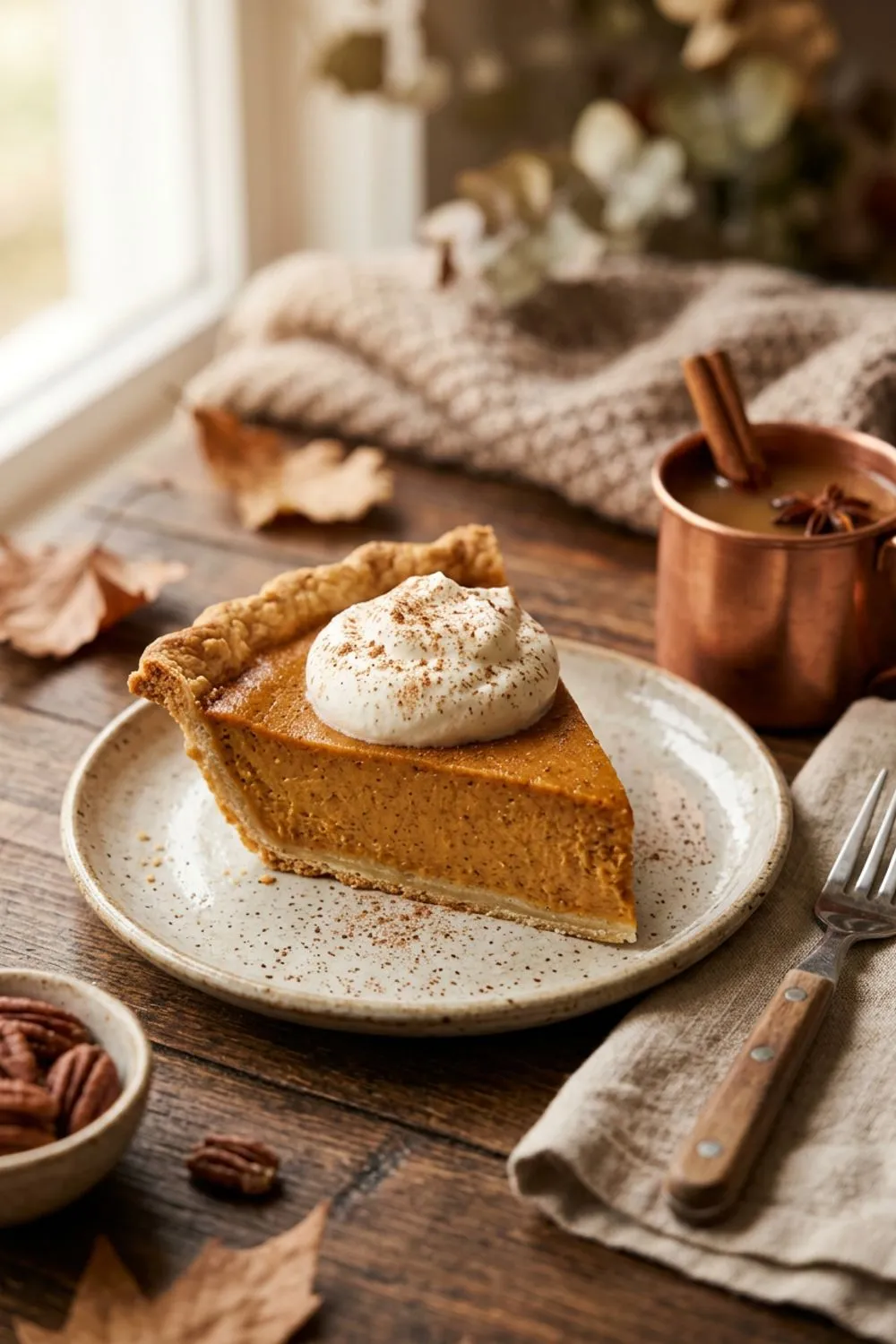 Pumpkin pie filling being whisked with warm spices in a mixing bowl