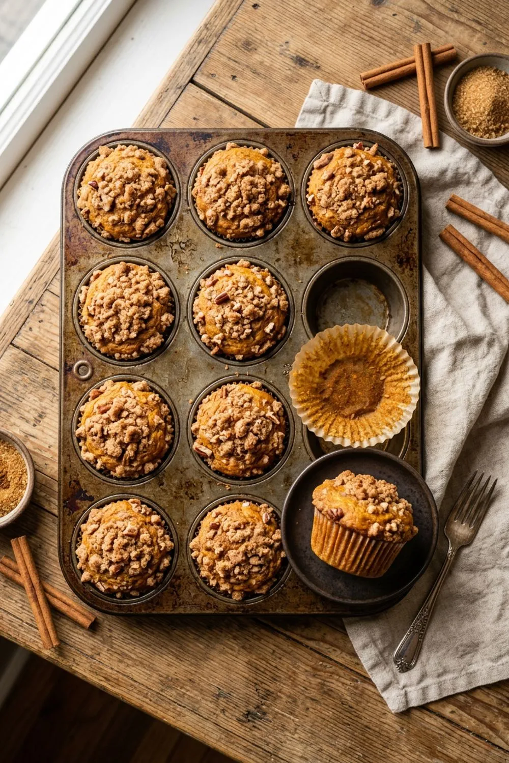 Golden pumpkin spice muffins with streusel topping in a muffin tin fresh from the oven