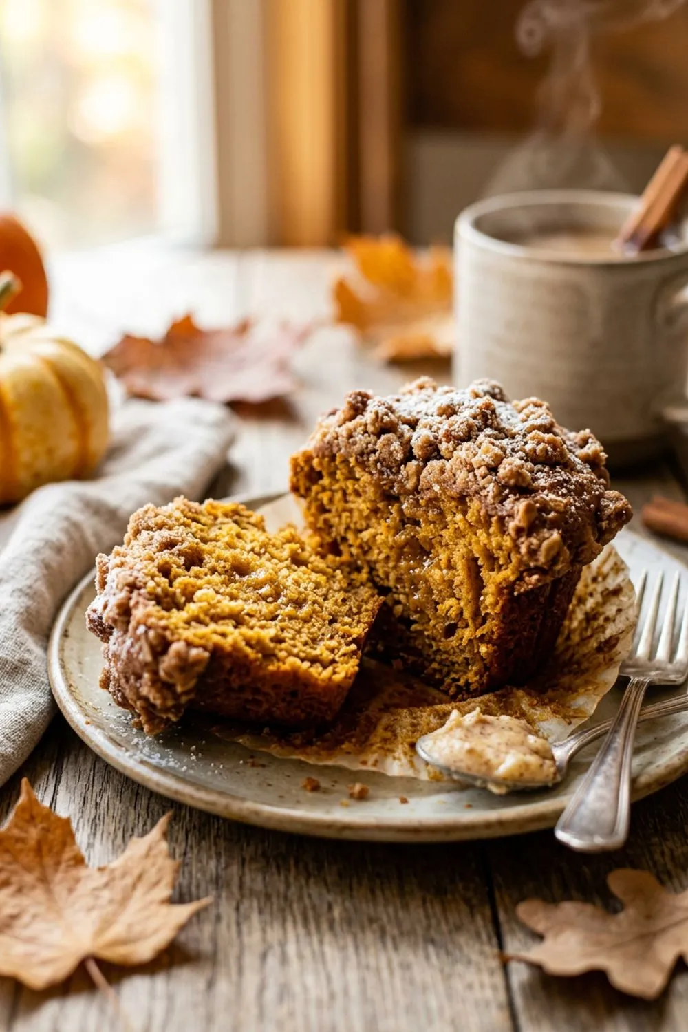 Pumpkin spice muffin batter being scooped into a lined muffin tin with streusel ready to sprinkle